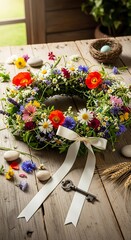 A vibrant flower wreath, adorned with a delicate ribbon and vintage key, sits on a weathered wooden table.