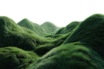 Lush green furry hills against a transparent background creating a surreal landscape view