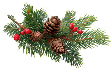 Christmas evergreen sprig with pine cones and red berries decoration.