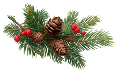 Christmas evergreen sprig with pine cones and red berries decoration.