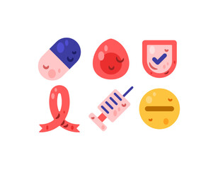 A collection or set of World AIDS Day themed asset elements. HIV awareness. Illustrations of injections, capsules, pills, shields, red ribbons, and blood drops. Flat design. Clip art, stickers