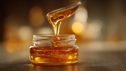 Liquid honey, glowing with amber and gold tones, is being poured automatically into a honey jar. The atmosphere is clean, natural, and premium. 
