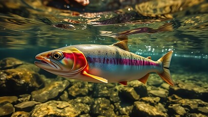 Naklejka premium A rainbow trout glides through a clear mountain stream, sunlight shimmering through the water.