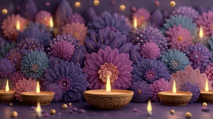 Happy Diwali greetings festive background in violet with fireworks and lamp