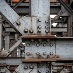 Close-up view of weathered metal beams and bolts, showcasing intricate construction details and a muted palette.