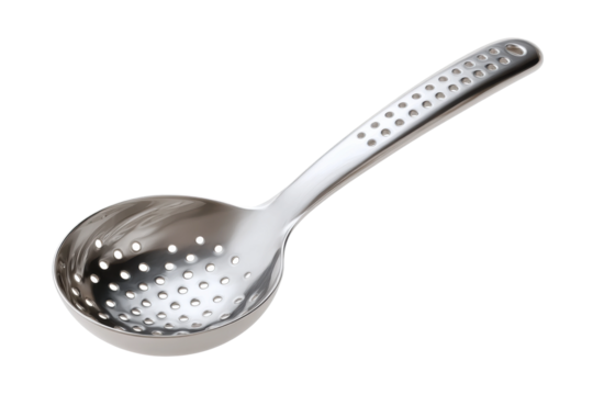 Stainless steel perforated spoon with ergonomic handle for cooking and straining, cut out