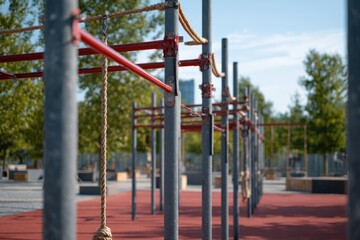 Outdoor fitness area with workout equipment, ropes, metal bars, and trees on a sunny day in a modern urban environment