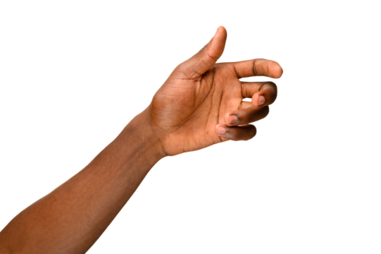 A human hand extended forward with fingers slightly curled, appearing in a reaching or holding gesture, isolated on a transparent background for versatile use.