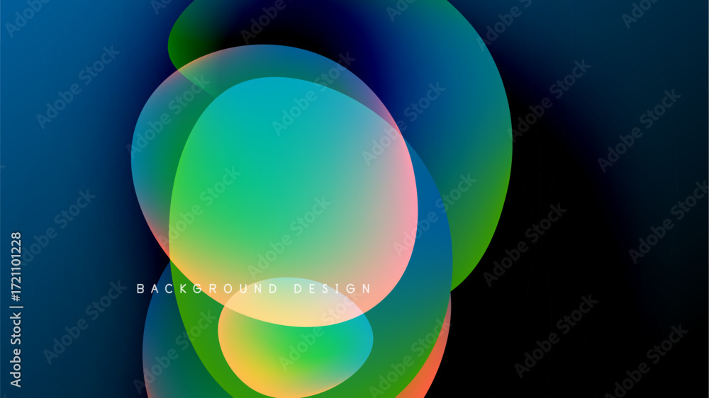 Poster abstract fluid shapes overlap, creating vibrant color gradients. dark background emphasizes bright h