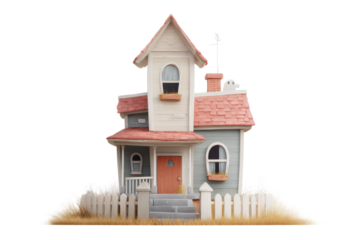 Charming cartoon haunted house with ghost on autumn lawn, cut out