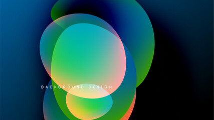 Abstract fluid shapes overlap, creating vibrant color gradients. Dark background emphasizes bright hues, modern design element.