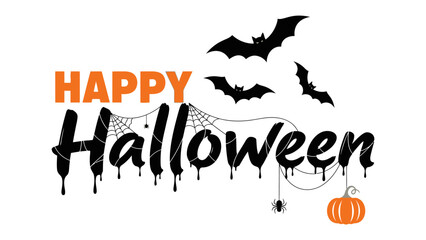 Happy Halloween: Capturing the spirit of Halloween with a festive illustration, the image features a bold Happy Halloween message, complemented by silhouettes of bats, spider webs, and a pumpkin.