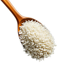 Wooden spoon filled with uncooked white rice