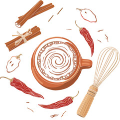 Vector Flat Lay of Mexican Hot Chocolate with Spices