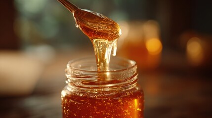 Liquid honey, glowing with amber and gold tones, is being poured automatically into a honey jar. T