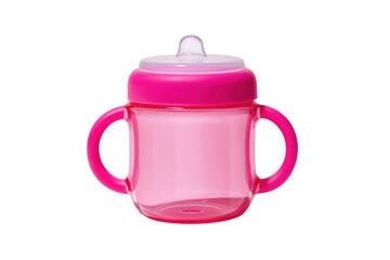 Pink baby sippy cup isolated on transparent background promoting infant feeding solutions