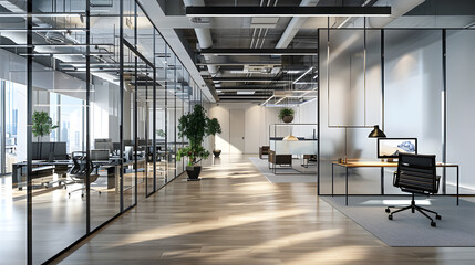 modern office design with open workspace, collaborative areas, glass walls, ergonomic furniture, stylish lighting, cinematic 16:9