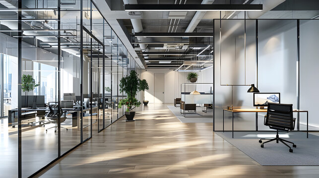 modern office design with open workspace, collaborative areas, glass walls, ergonomic furniture, stylish lighting, cinematic 16:9