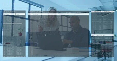 Woman walking to seated coworker, initiating man typing, terminal overlays layering encryption code - Powered by Adobe