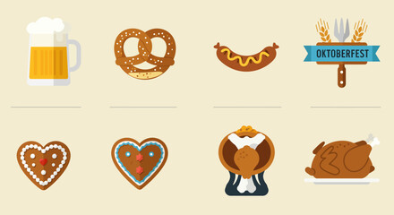 A clean flat design icon set showcasing classic Oktoberfest food and beverages, including beer steins, pretzels, and bratwurst. This vector collection uses simple shapes and a limited color palette.
