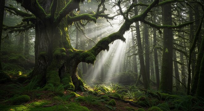 Mystical mossy forest with sunbeams piercing through ancient trees