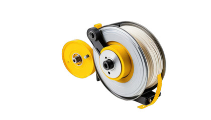 Naklejka premium Yellow and white fishing line reel, close-up
