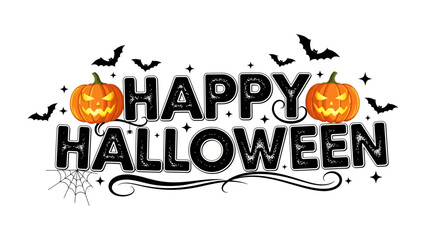 Spooky Happy Halloween: A festive Halloween illustration features glowing jack-o'-lanterns, playful bats, and a spider web, all spelling out the joyous greeting. 