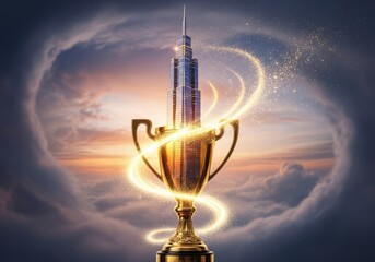 A golden trophy topped with a skyscraper, surrounded by swirling golden light and clouds, symbolizing ultimate achievement and architectural triumph
