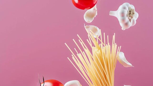 Vibrant tomatoes and garlic cloves are dynamically suspended above a bundle of spaghetti, creating an engaging culinary scene that showcases the art of food preparation and ingredient harmony