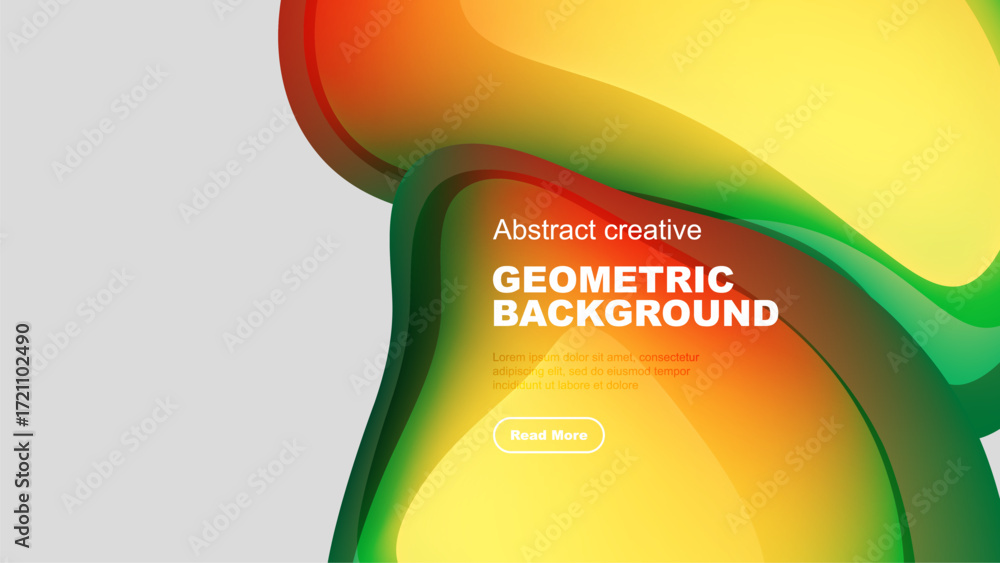Poster abstract fluid shapes blend, creating vibrant geometric background. text invites further exploration