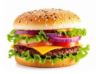 Juicy cheeseburger with sesame seed bun, lettuce, tomato, onion, and cheese