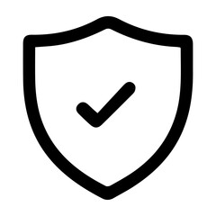 A black and white shield with a check mark on it. The shield is a symbol of protection and security