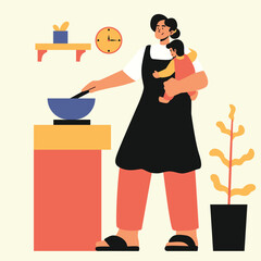 woman preparing food and cooking happily in the kitchen illustration