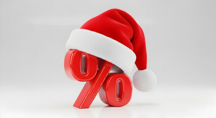 Red percentage sign wearing Santa hat &mdash; holiday discount, Christmas sale and seasonal promotion concept
