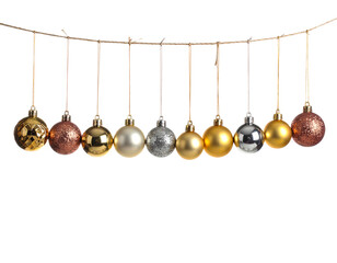 Set of Colorful Christmas Balls Hanging on Rope, Holiday Decoration, Transparent PNG