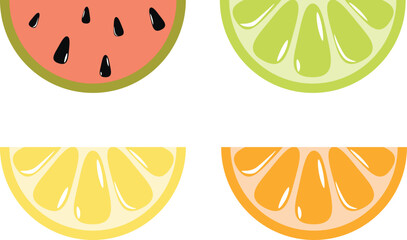 A set of citrus fruits: lime, watermelon, orange, and lemon, sliced ​​into round shapes. Vector illustration on a white background.