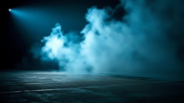 Moody dark scene wet asphalt under a cool blue spotlight, smoke
