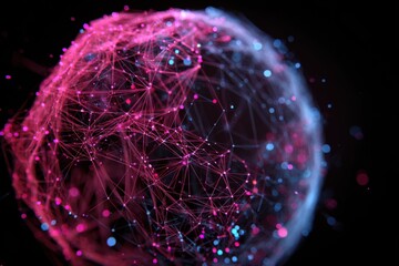 Abstract representation of digital network connections forming a globe with vibrant pink and blue colors on a dark background