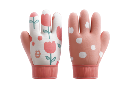 Colorful floral and polka dot patterned gardening gloves, cut out