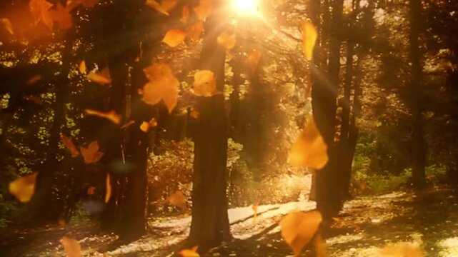 Red Maple Leaves - Windy Flying Loop - Flying animation of red maple leaves Beautiful golden forest and leaves falling down loopable autumn animation