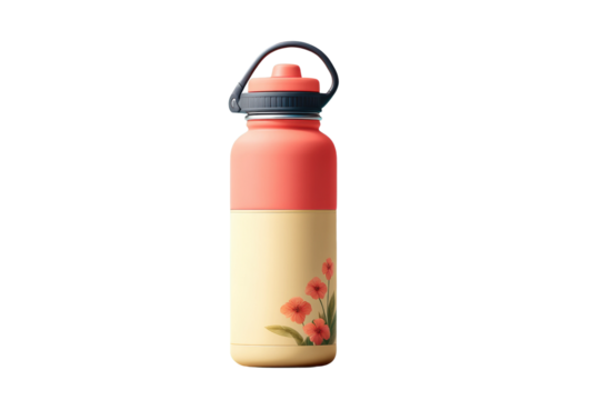 Floral insulated water bottle with coral and cream design, cut out