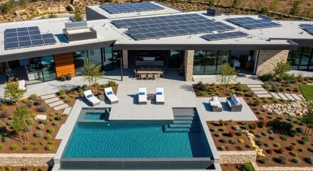 Luxury home with solar panels and swimming pool in backyard, aerial view