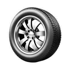 A vehicle tire and wheel assembly.  Metallic gray alloy wheel,  black tire tread.  3/4 view