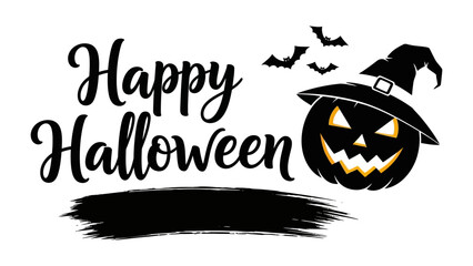 Obraz premium Happy Halloween Celebration: The image showcases a festive Halloween scene with a smiling Jack-o'-lantern wearing a witch's hat, complemented by a Happy Halloween message and several bats.