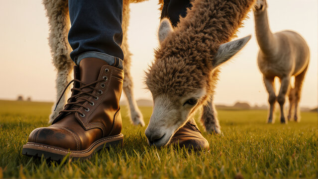 A rustic scene with a gentle alpaca. The farmer's steady stance and curious animal are a great choice for a premium stock photo.