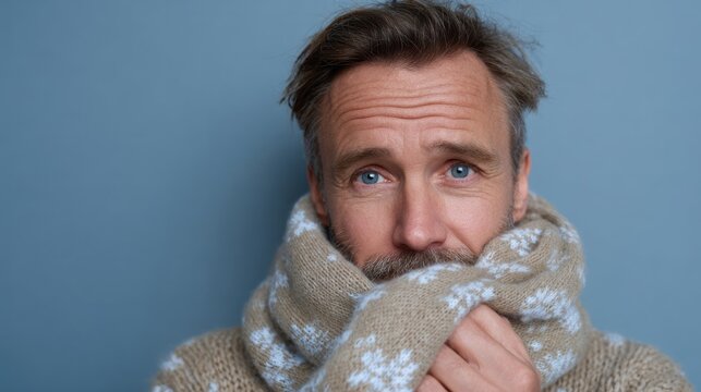 Gentleman wrapped in cozy knits, Nordic warmth, hygge embrace, capturing Yuletide spirit on a blustery winter solstice