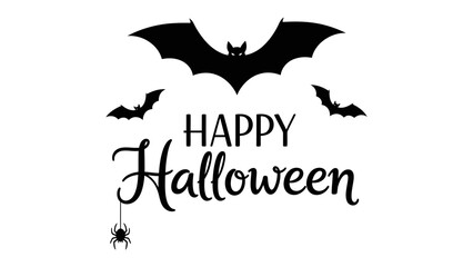 Spooky Halloween Greeting: A stylish vector illustration featuring a chilling silhouette of bats soaring beneath the words Happy Halloween, a spider, perfect for Halloween decor.