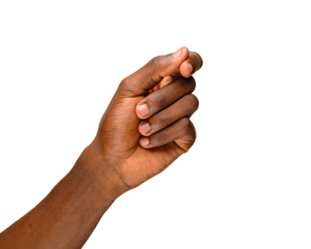 A close-up of a human hand making a pinching gesture with the thumb and index finger touching, isolated on a transparent background.