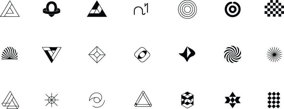 Diverse geometric icon set, perfect for branding, logo design, and modern web elements conveys innovation, creativity, and minimalist aesthetic for visual identity