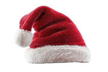 A festive red Santa hat with fluffy white trim and pom pom.